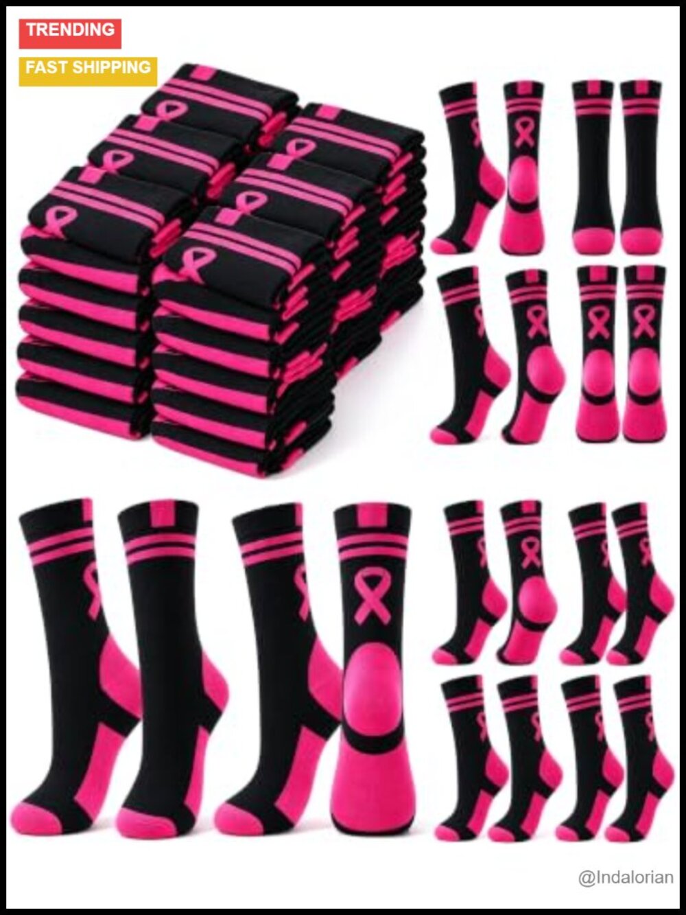 Breast Cancer Awareness Crew Socks Pink Ribbon Over-the-Calf 48 Pairs